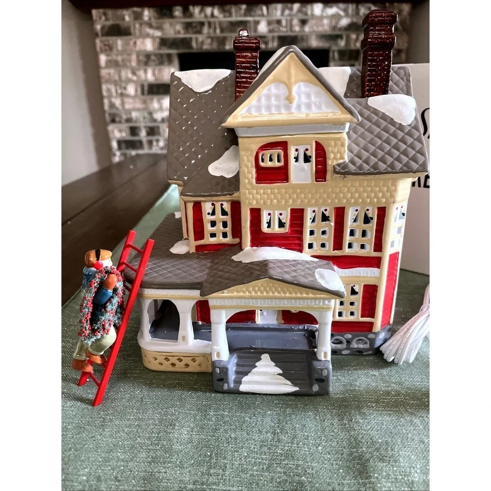 Department 56 Snow Village 1989 Kenwood House #5054-7 Plus Bonus Man On Ladder